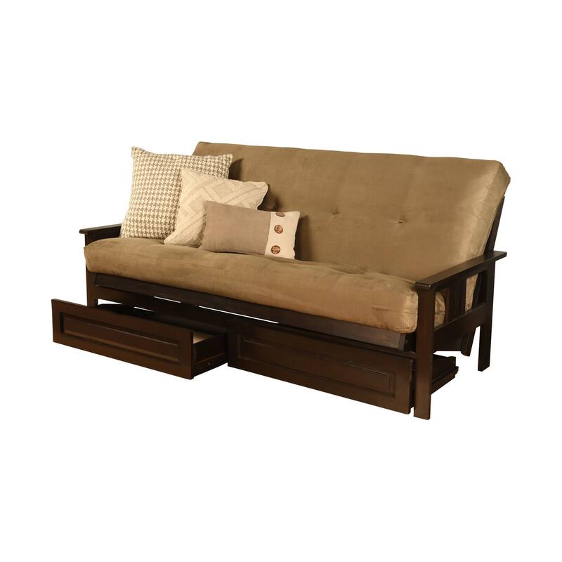 Espresso Queen-size Suede Futon Set with Storage Drawers