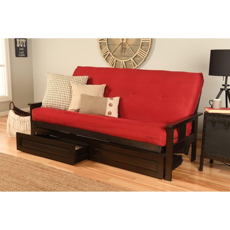 Espresso Queen-size Suede Futon Set with Storage Drawers