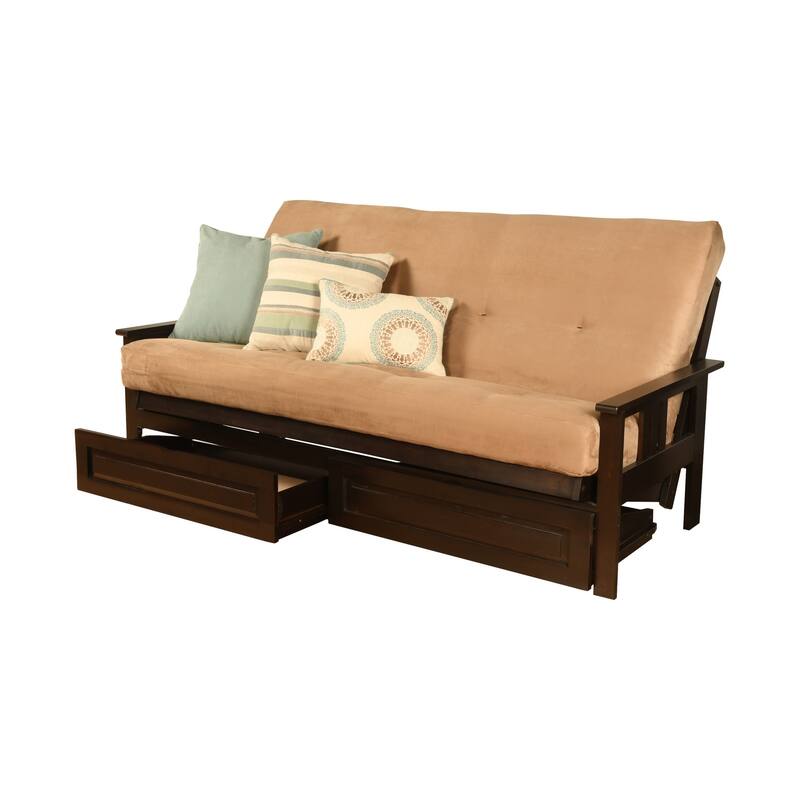 Espresso Queen-size Suede Futon Set with Storage Drawers