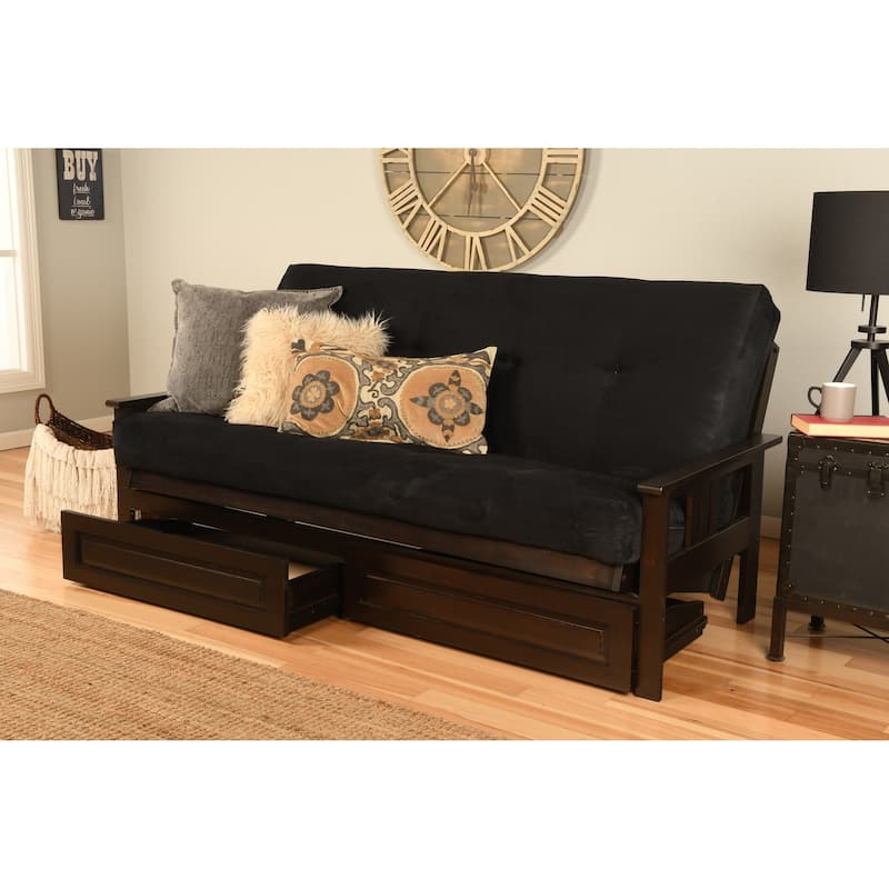 Espresso Queen-size Suede Futon Set with Storage Drawers - Black Suede