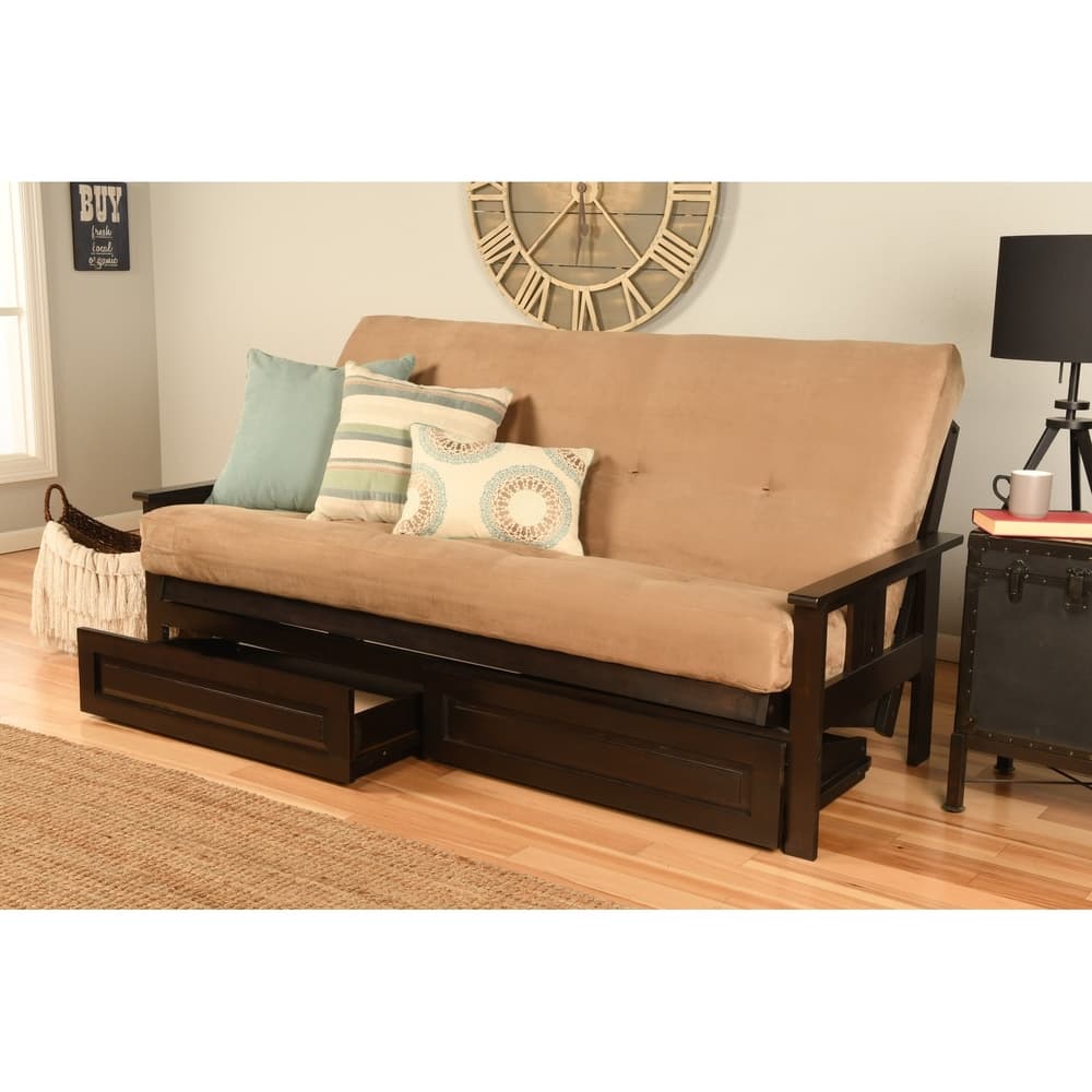 Espresso Queen-size Suede Futon Set with Storage Drawers