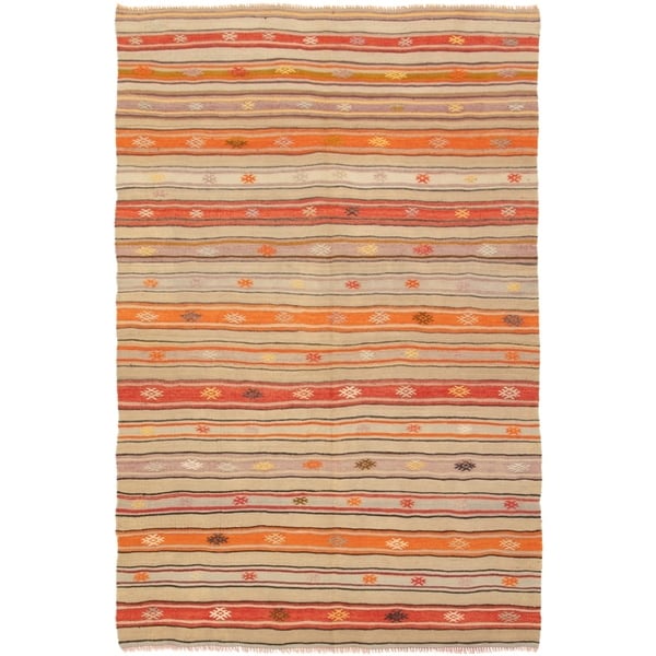 eCarpetGallery Flat-weave Bohemian Khaki Wool Kilim - 4'11 x 7'6