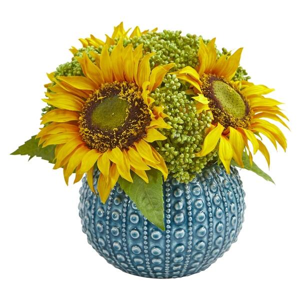 Sunflower Artificial Arrangement in Blue Vase - Bed Bath & Beyond ...