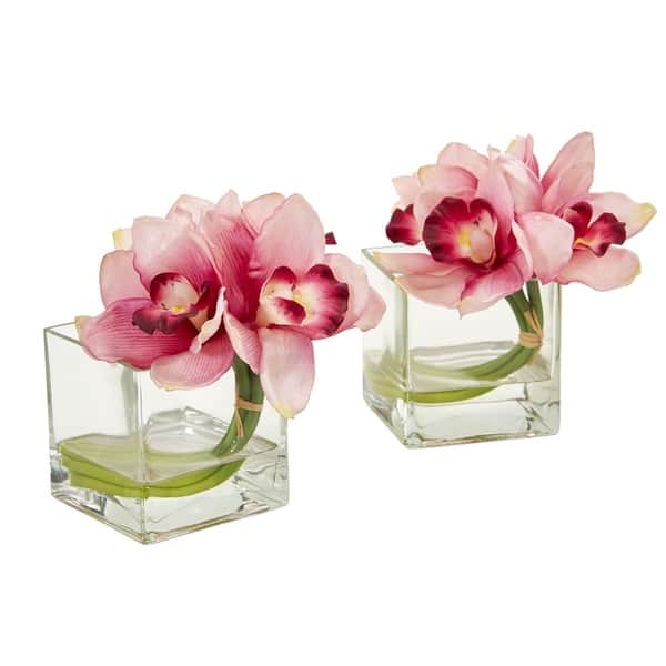 Nearly Natural Cymbidium Orchid Artificial Arrangement In Glass Vase Set Of 2 Overstock