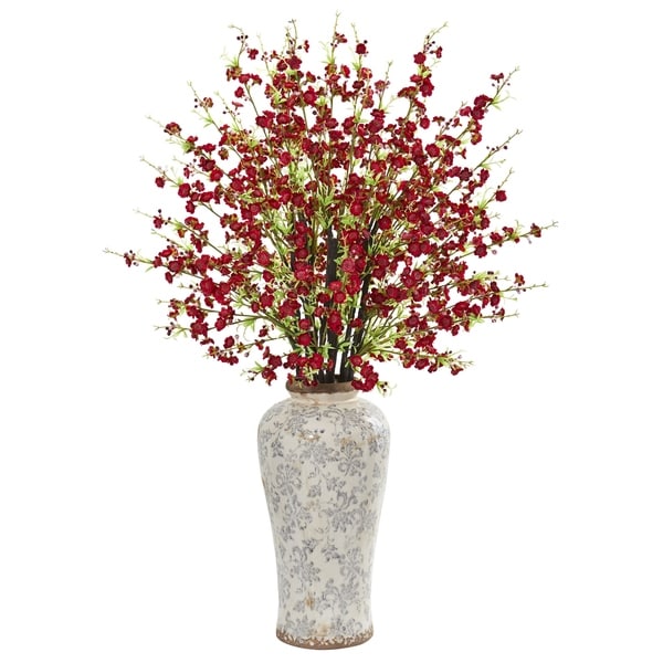 Nearly Natural Cherry Blossom Artificial Arrangement in Decorative Vase
