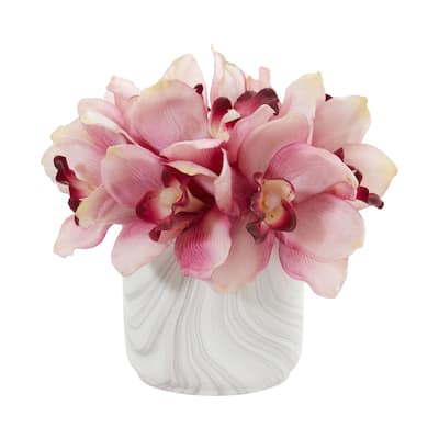 Nearly Natural Cymbidium Orchid Artificial Arrangement in Marble Vase