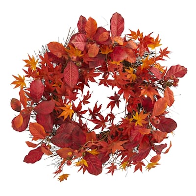 22" Japanese Maple, Magnolia Leaf and Berries Artificial Wreath