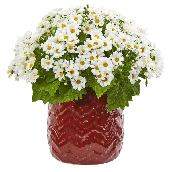 Nearly Natural Artificial Daisy Arrangement in Red Ceramic Planter