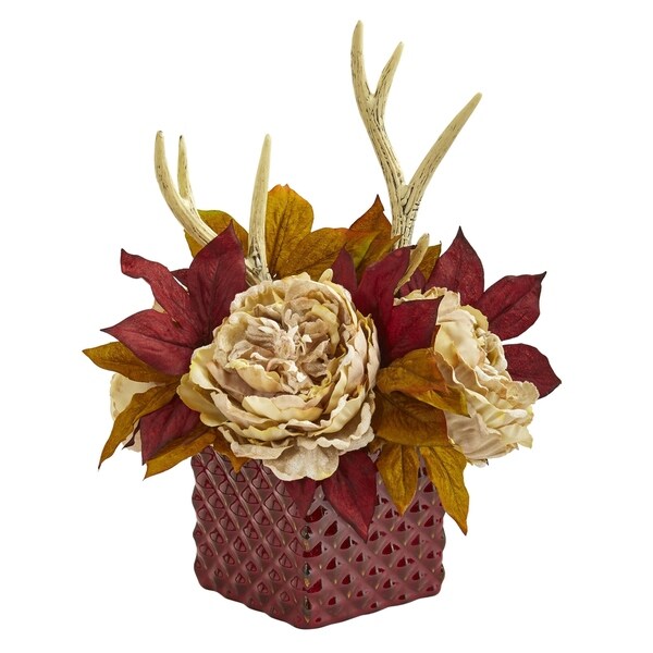 Nearly Natural Artificial Peony and Antlers Arrangement in Red Ceramic Vase
