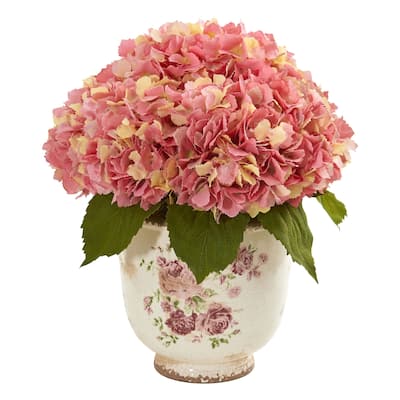 Giant Hydrangea Artificial Arrangement in Floral Printed Vase