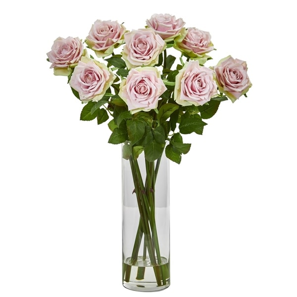 Nearly Natural Pink/ Green 19-inch Artificial Rose Arrangement in Cylinder Vase