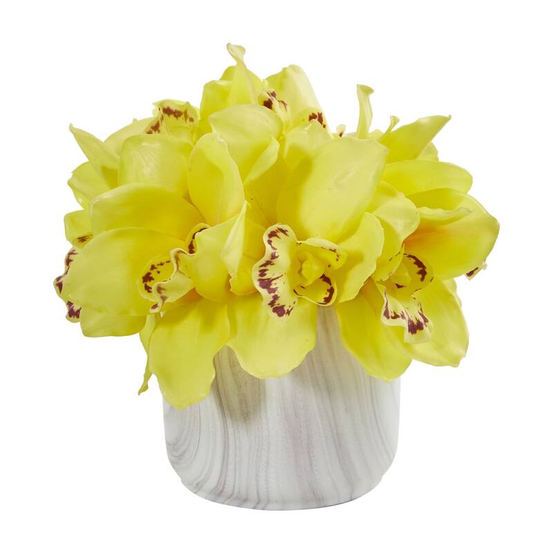 Cymbidium Orchid Artificial Arrangement in Marble Vase - N/A