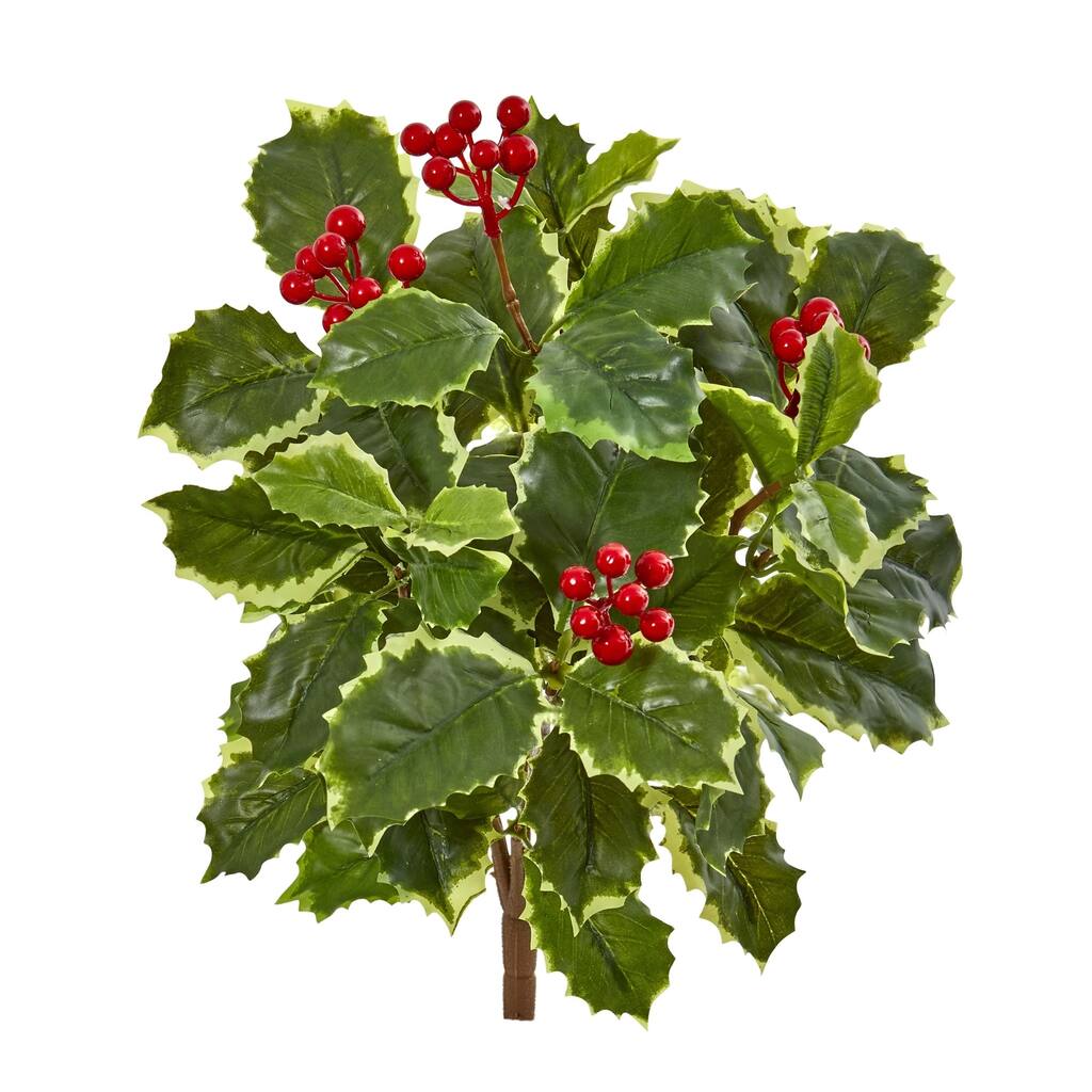 14" Variegated Holly Leaf Bush Artificial Plant (Set of 12) (Real Touch)