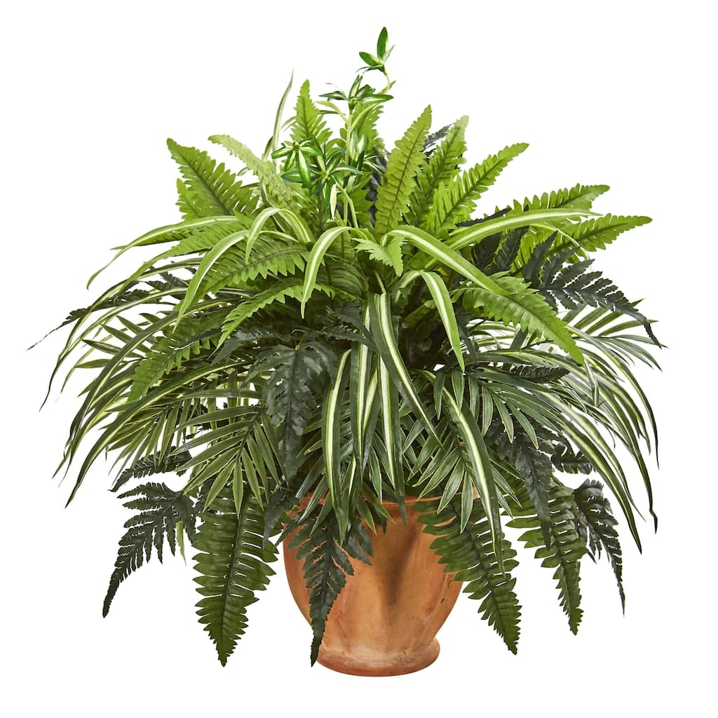 23" Mixed Greens and Fern Artificial Plant in Terra Cotta Planter