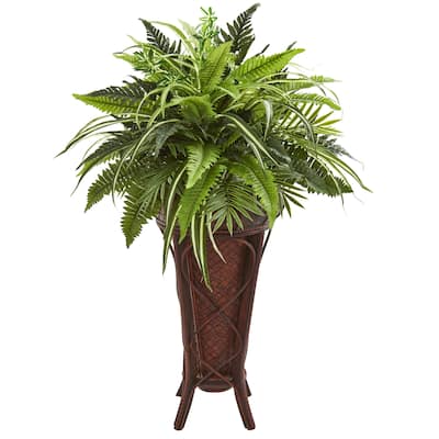 Nearly Natural 32-inch Mixed Greens and Fern Artificial Plant in Decorative Stand