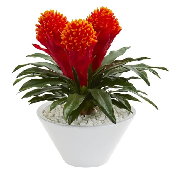 Nearly Natural 17 Inch Bromeliad Artificial Plant In White Vase Overstock 26039797