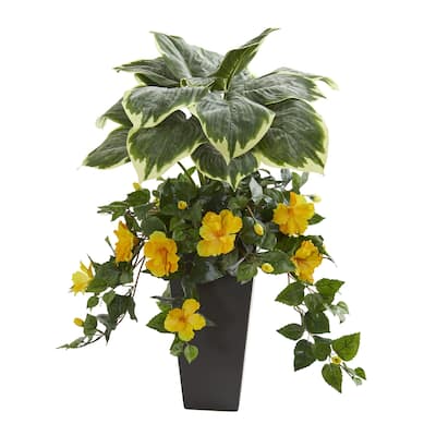 32" Hosta and Hibiscus Artificial Plant in Black Vase