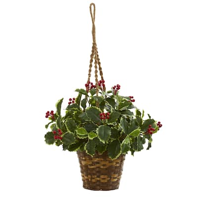26" Variegated Holly Artificial Plant in Hanging Basket (Real Touch)