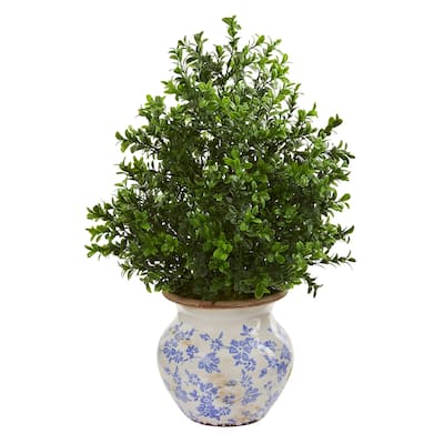 21" Boxwood Artificial Plant in Decorative Vase (Indoor/Outdoor)