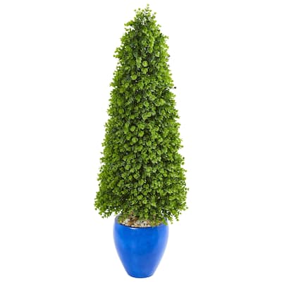 52" Eucalyptus Topiary Artificial Tree in Blue Planter (Indoor/Outdoor)