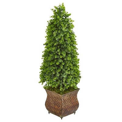 41" Eucalyptus Cone Topiary Artificial Tree in Metal Planter (Indoor/Outdoor)