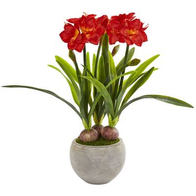 Nearly Natural Amaryllis Artificial Plant in Sandstone Bowl