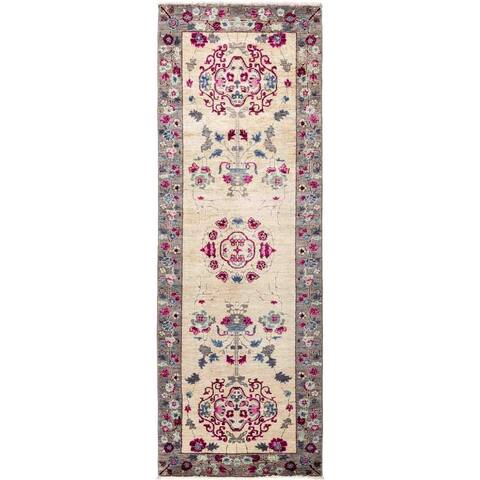 Patterned & Floral, One-of-a-Kind Hand-Knotted Runner - Ivory, 2' 9" x 8' 1" - 2 x 8