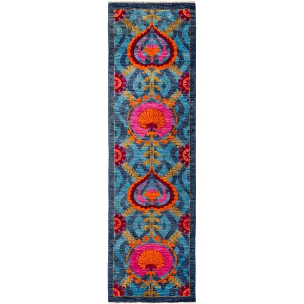 Suzani, Hand Knotted Area Rug - 3' 0" x 10' 7" - 3' x 10'7" Runner