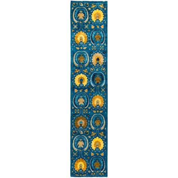 Suzani, Hand Knotted Area Rug - 2' 7" x 12' 8" - 2'7" x 12'8" Runner