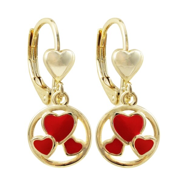 Luxiro Gold Finish Red Enamel Dangling Hearts Girl's Earrings. Opens flyout.