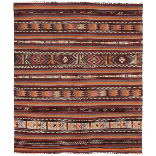 eCarpetGallery Flat-weave Kashkoli FW Dark Red Wool Kilim - 5'7 x 6'9