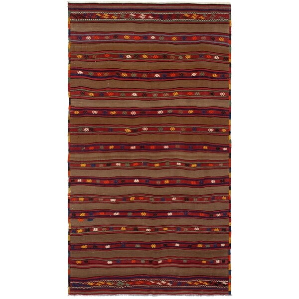 eCarpetGallery Flat-weave Bohemian Brown, Cream, Dark Navy, Light Orange, Red Wool Kilim - 5'3 x 9'8