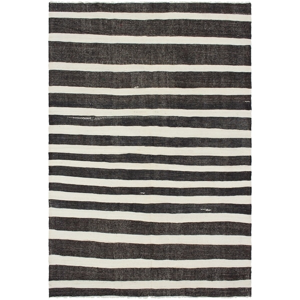 eCarpetGallery Flat-weave Bohemian Cream, Dark Brown Wool Kilim - 7'0 x 10'3