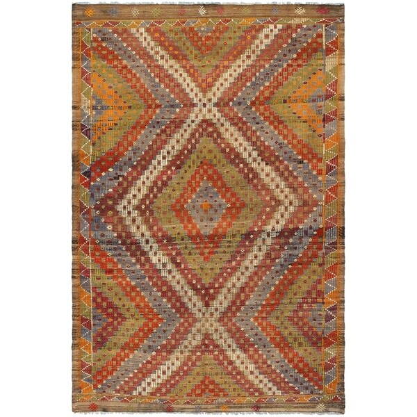 eCarpetGallery Flat-weave Yoruk Light Green, Red Wool Sumak - 6'1 x 8'11