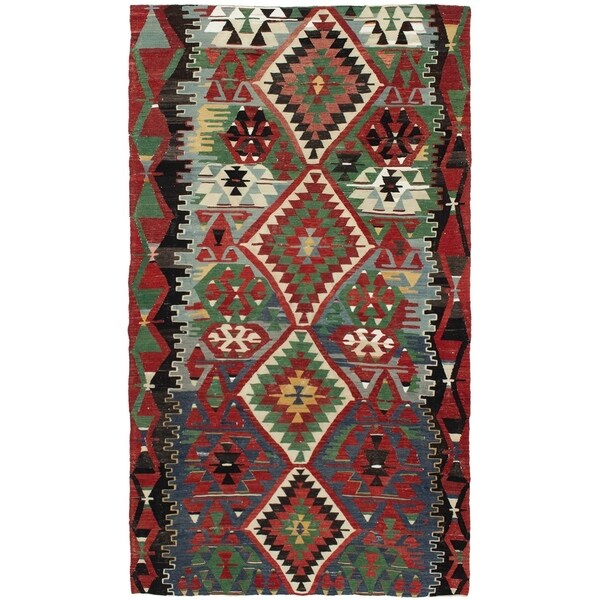 eCarpetGallery Flat-weave Sivas Dark Red Wool Kilim - 5'3 x 9'3