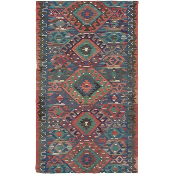 eCarpetGallery Flat-weave Sivas Blue, Dark Copper Wool Kilim - 5'7 x 9'7