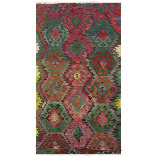 eCarpetGallery Flat-weave Sivas Dark Copper, Green Wool Kilim - 5'5 x 9'11