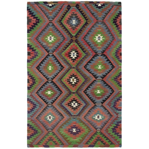 eCarpetGallery Flat-weave Sivas Dark Copper, Green Wool Kilim - 5'6 x 8'11