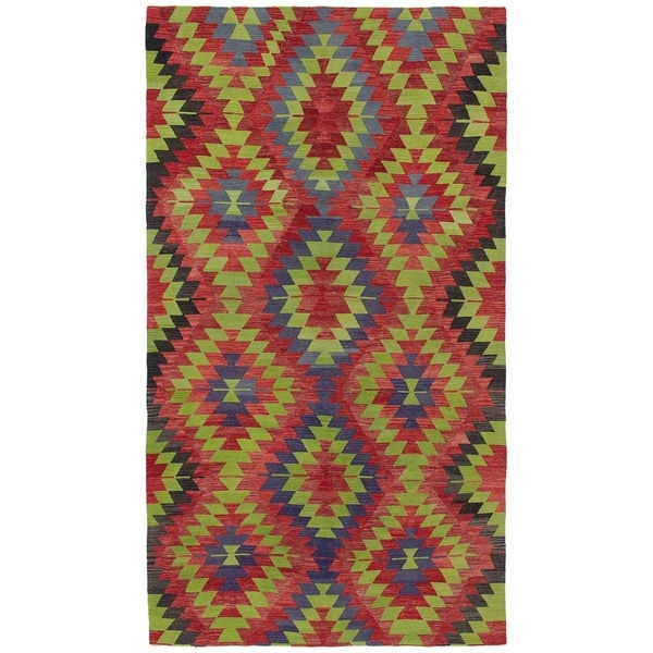 eCarpetGallery Flat-weave Sivas Green, Red Wool Kilim - 5'7 x 10'7
