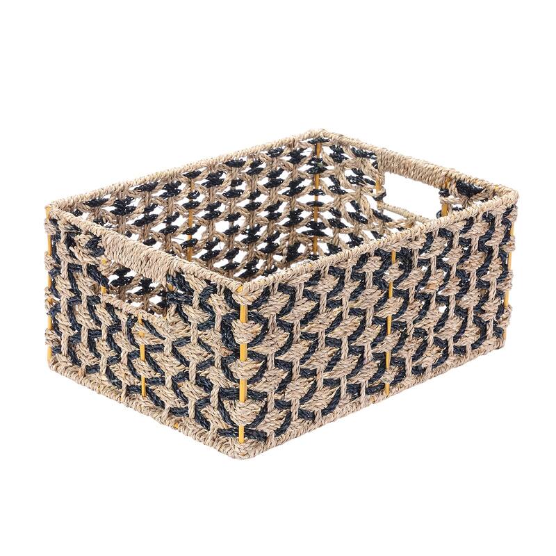 Villacera Rectangle Hand Weaved Wicker Baskets Natural Seagrass Bins Set of 2 - Black  & Natural