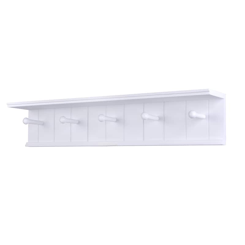 Danya B. 24" Wall Mount Wooden Coat Rack with 5 Hanger Hooks and Display Shelf - White