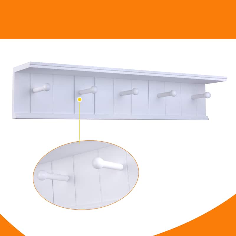 Danya B. 24" Wall Mount Wooden Coat Rack with 5 Hanger Hooks and Display Shelf - White