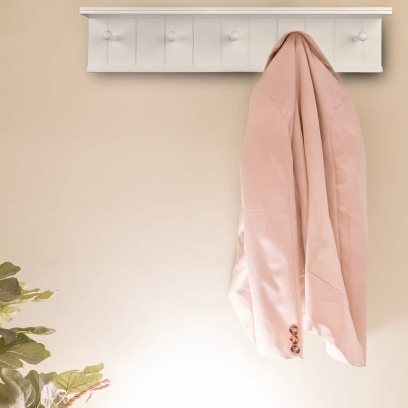Danya B. 24" Wall Mount Wooden Coat Rack with 5 Hanger Hooks and Display Shelf - White