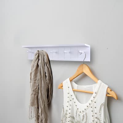 Danya B. 24" Wall Mount Wooden Coat Rack with 5 Hanger Hooks and Display Shelf - White