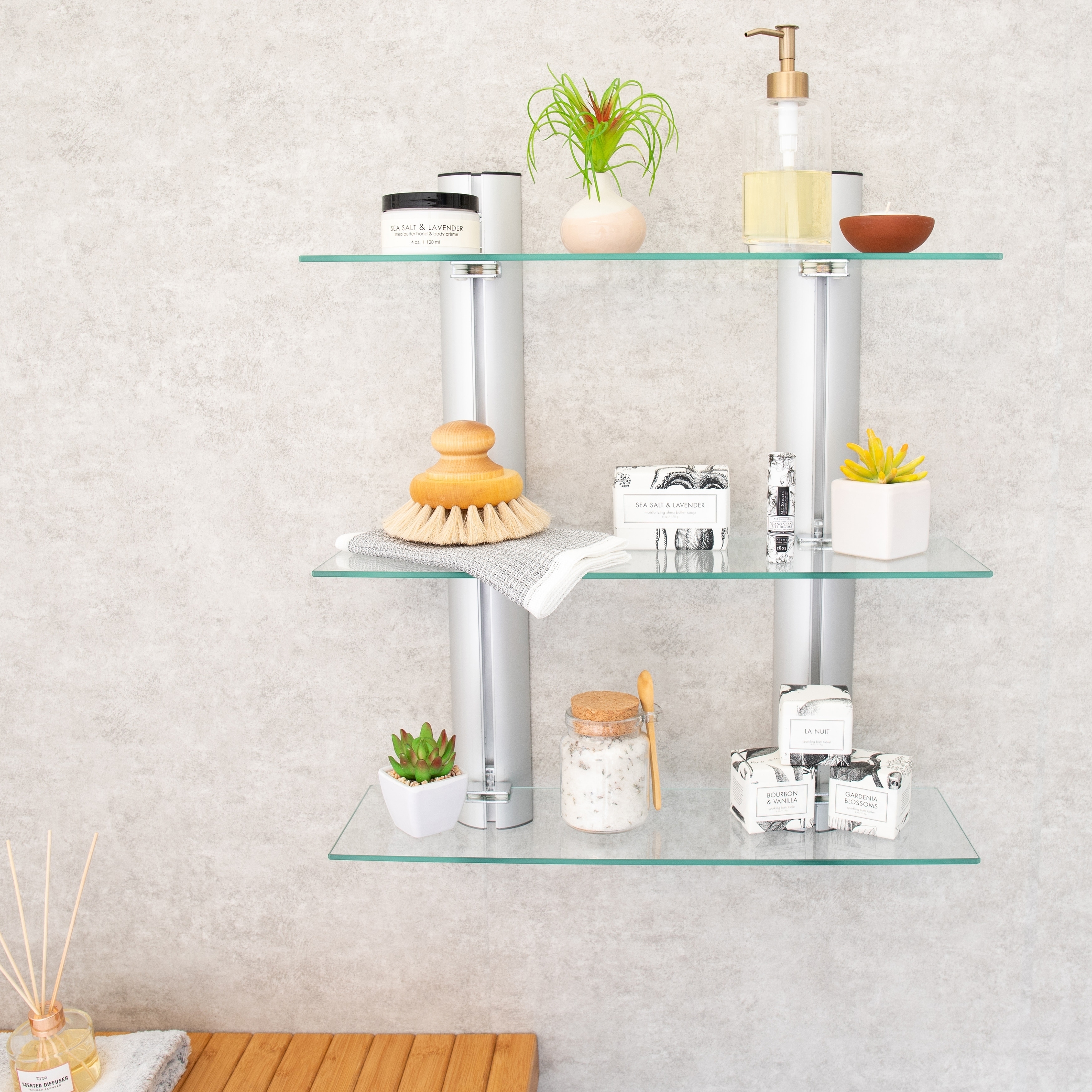 Danya B. Wall Mount 2-Tier Chrome Shelving Unit with Towel Rack and Trays - White