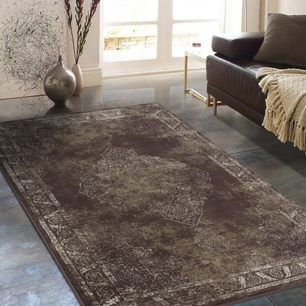 Allstar Rugs Distressed Chocolate and Mocha Rectangular Accent Area Rug with Ivory Persian Design - 7' 6" x 9' 8"