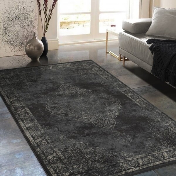 Shop Allstar Rugs Distressed Charcoal Grey and Beige Rectangular ...