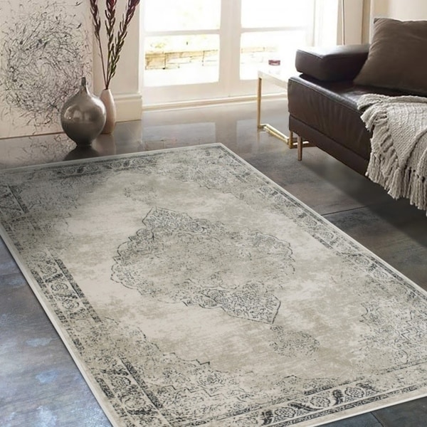 Allstar Rugs Distressed Ivory and Beige Rectangular Accent Area Rug with Black Persian Design - 7' 6" x 9' 8"