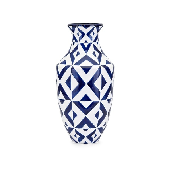 Wide Neck Clay Patterned Vase with Geometric Design, White and Blue
