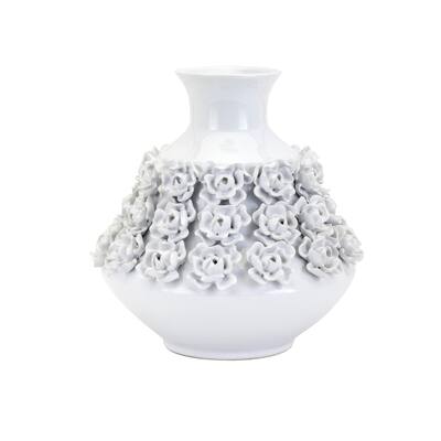 Decorative Ceramic Vase with Flower Motif and Flared top, Small, White